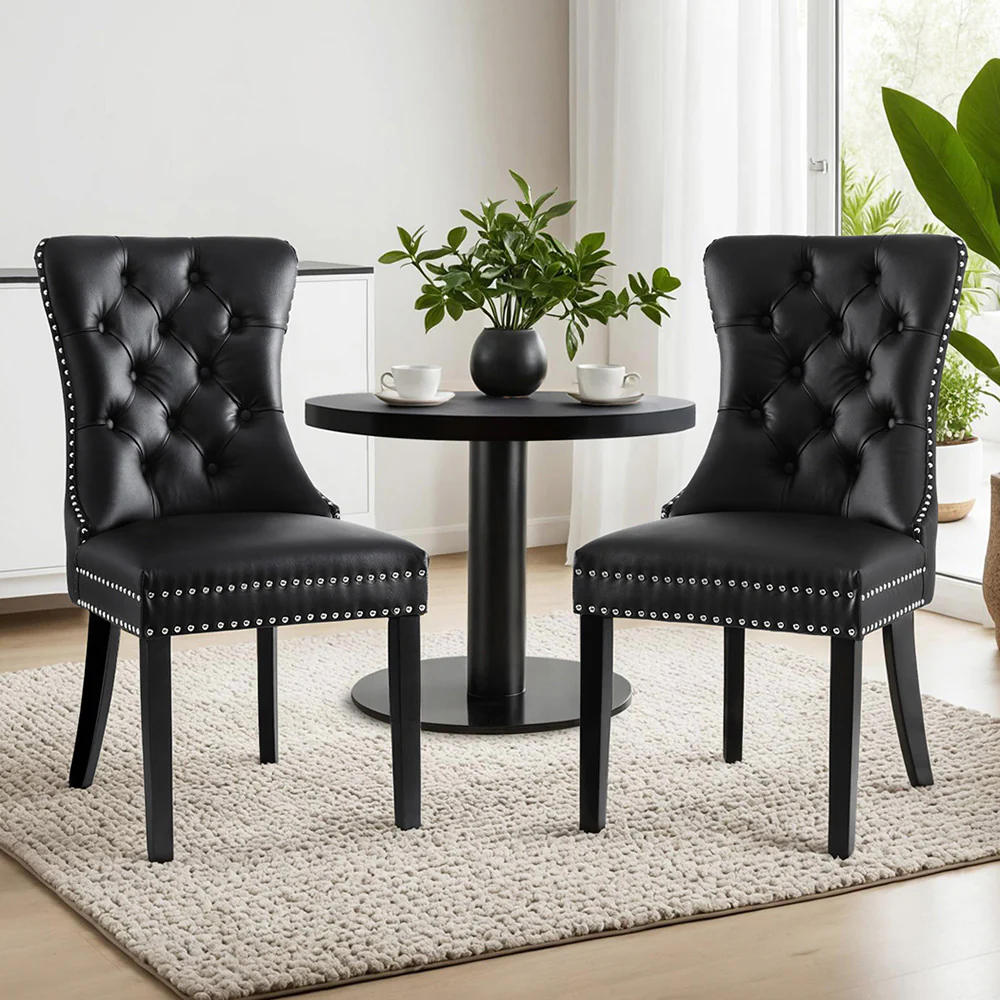 Set of 2 Beaumont Button Tufted PU Leather Dining Chairs - Black - Image 7