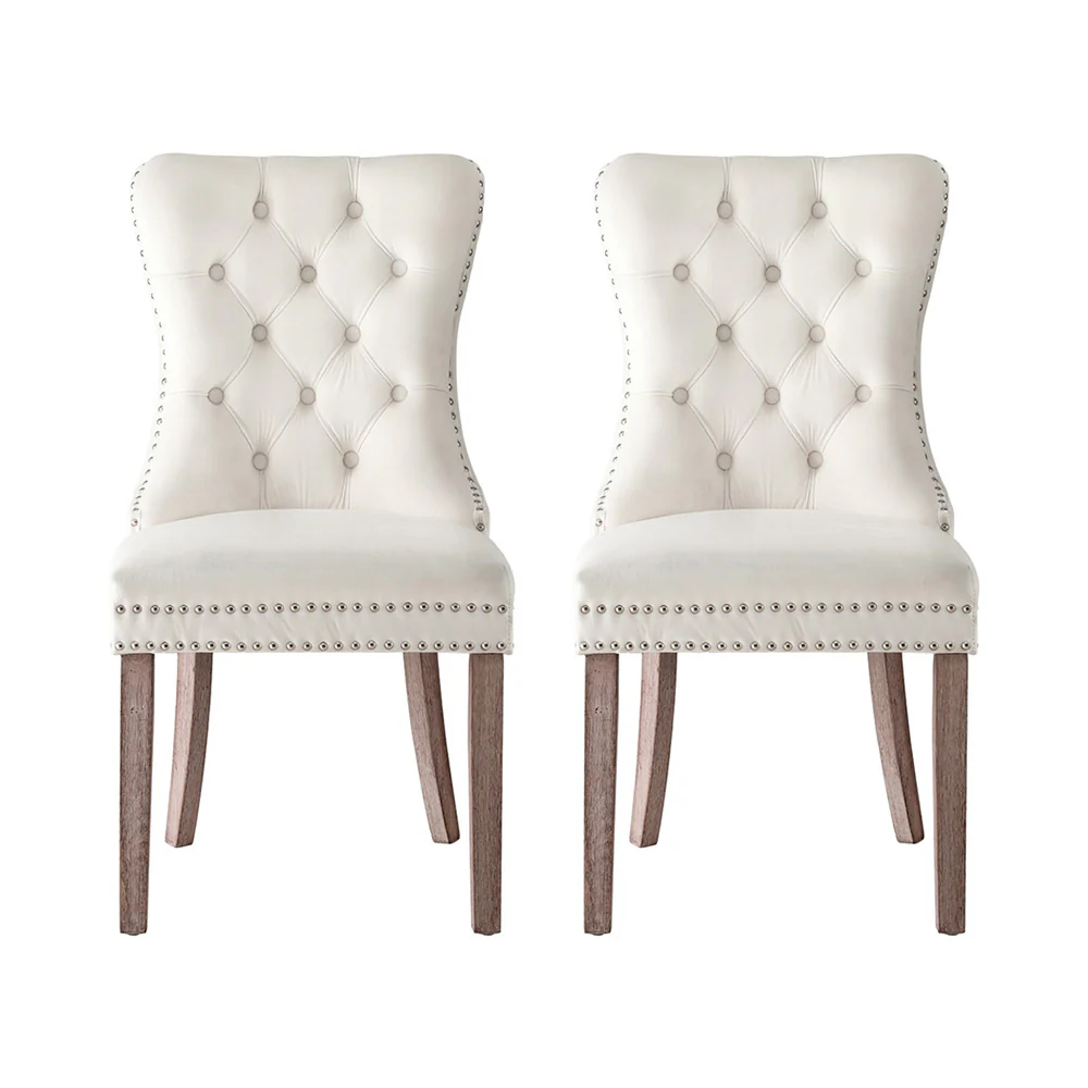 Set of 2 Beaumont Button Tufted Velvet Dining Chairs - Beige - Image 3