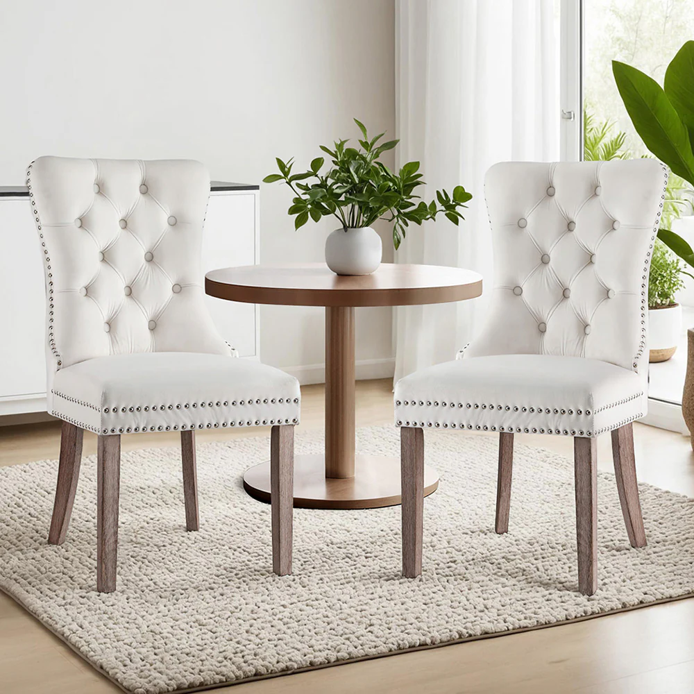 Set of 2 Beaumont Button Tufted Velvet Dining Chairs - Beige - Image 7