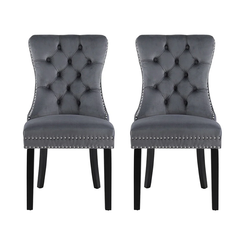 Set of 2 Beaumont Button Tufted Velvet Dining Chairs - Grey - Image 3