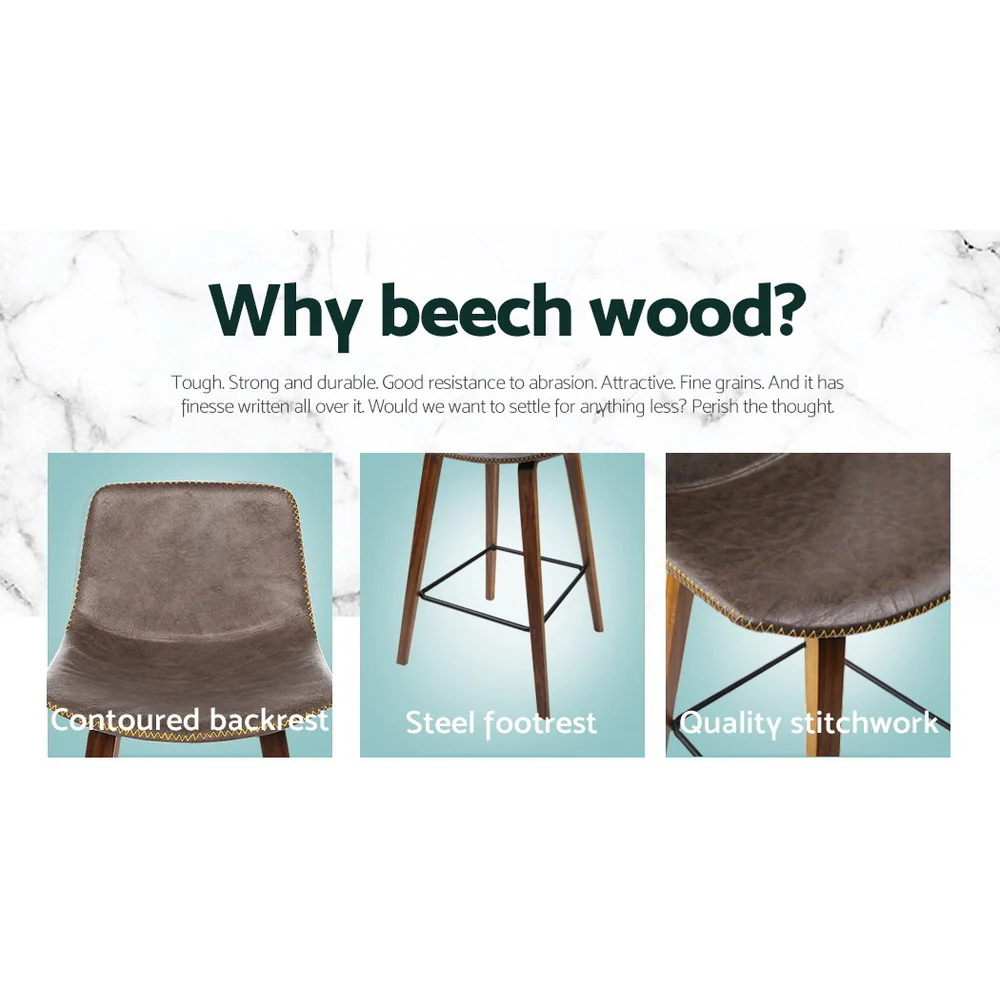 Set of 2 Bentwood PU Leather Bar Stools Square Footrest - Wood and Brown - Image 6