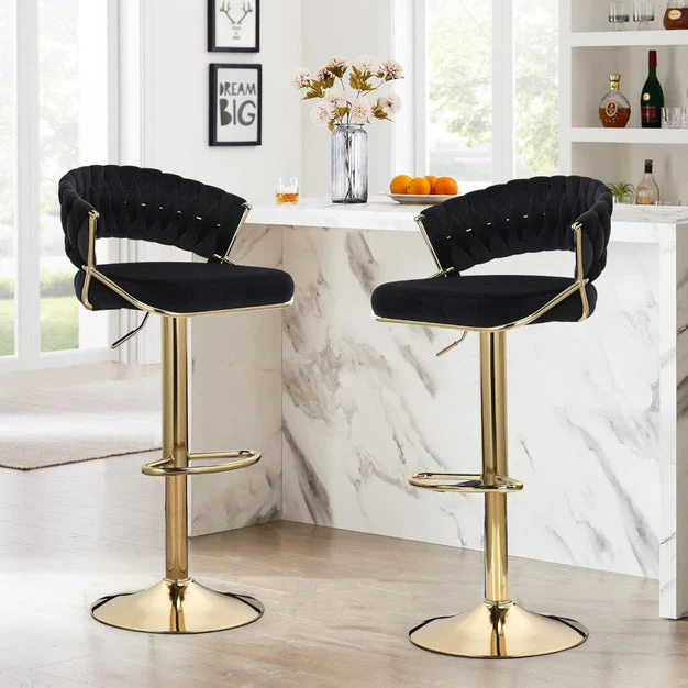 Set of 2 Blythe Velvet Bar Stools - Black with Gold Base - Image 5