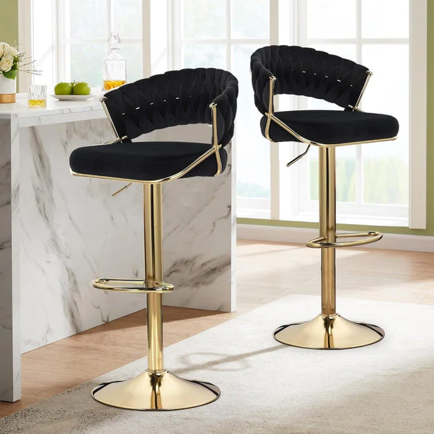 Set of 2 Blythe Velvet Bar Stools - Black with Gold Base - Image 6