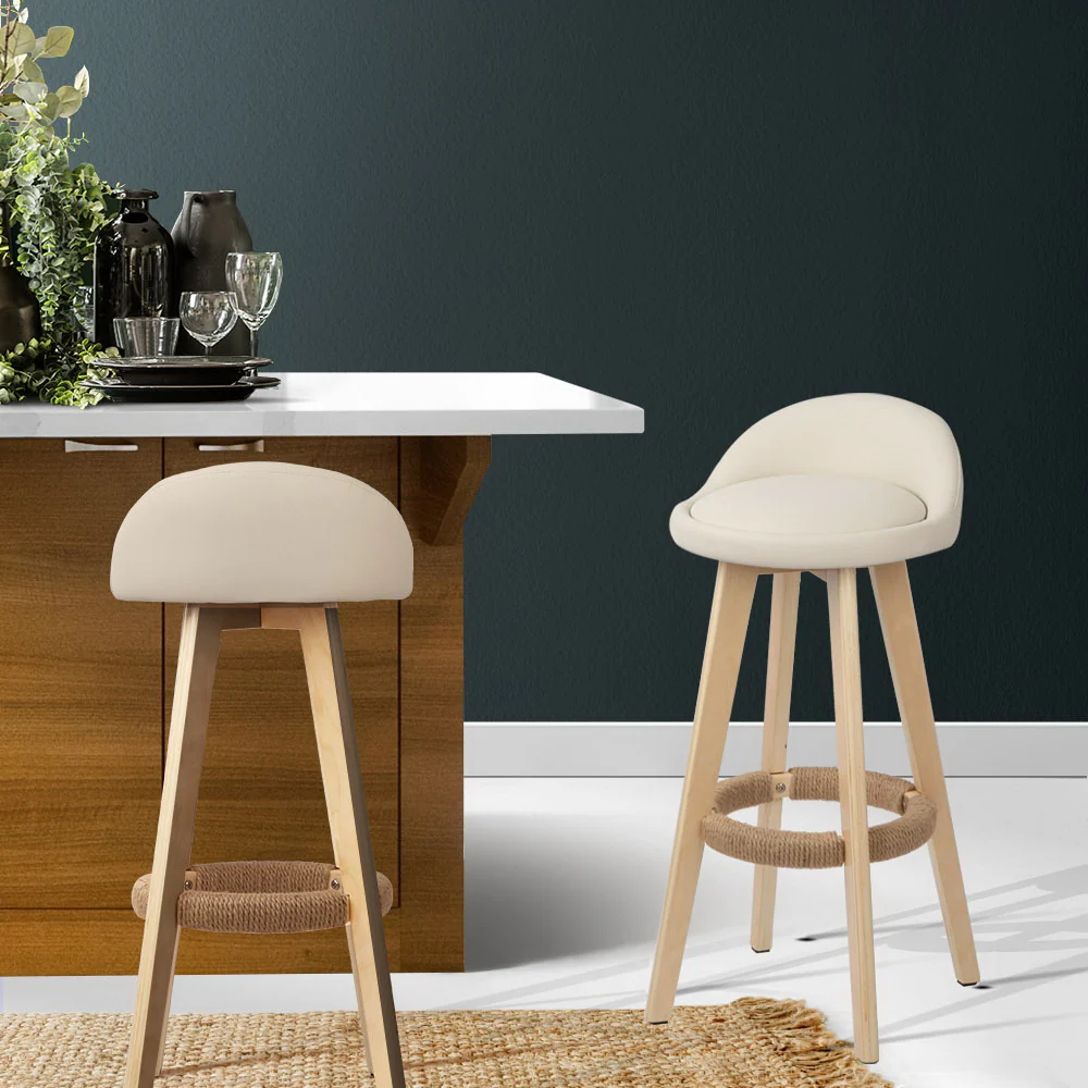Set of 2 Calista Leather Upholstered Bar Stools - Beige - Image 7