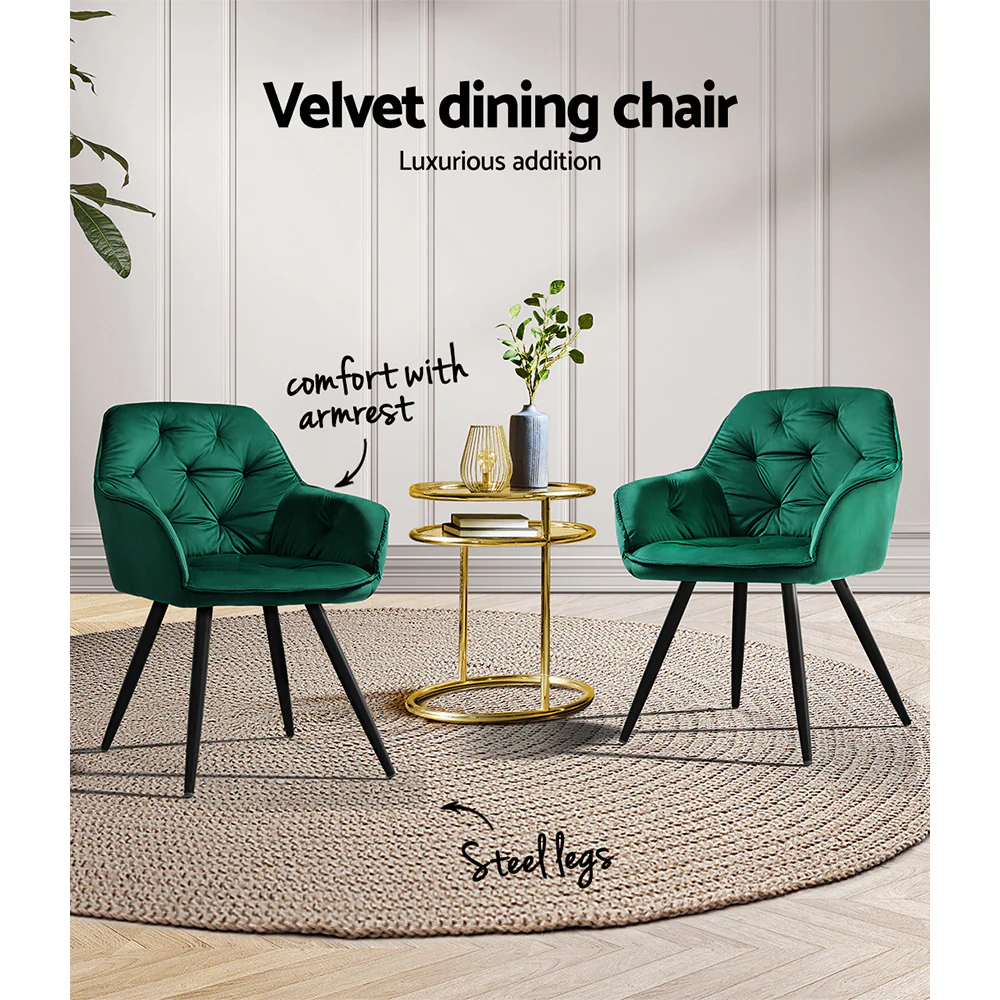 Set of 2 Calivia Dining Chairs Kitchen Chairs Upholstered Velvet Green - Image 4