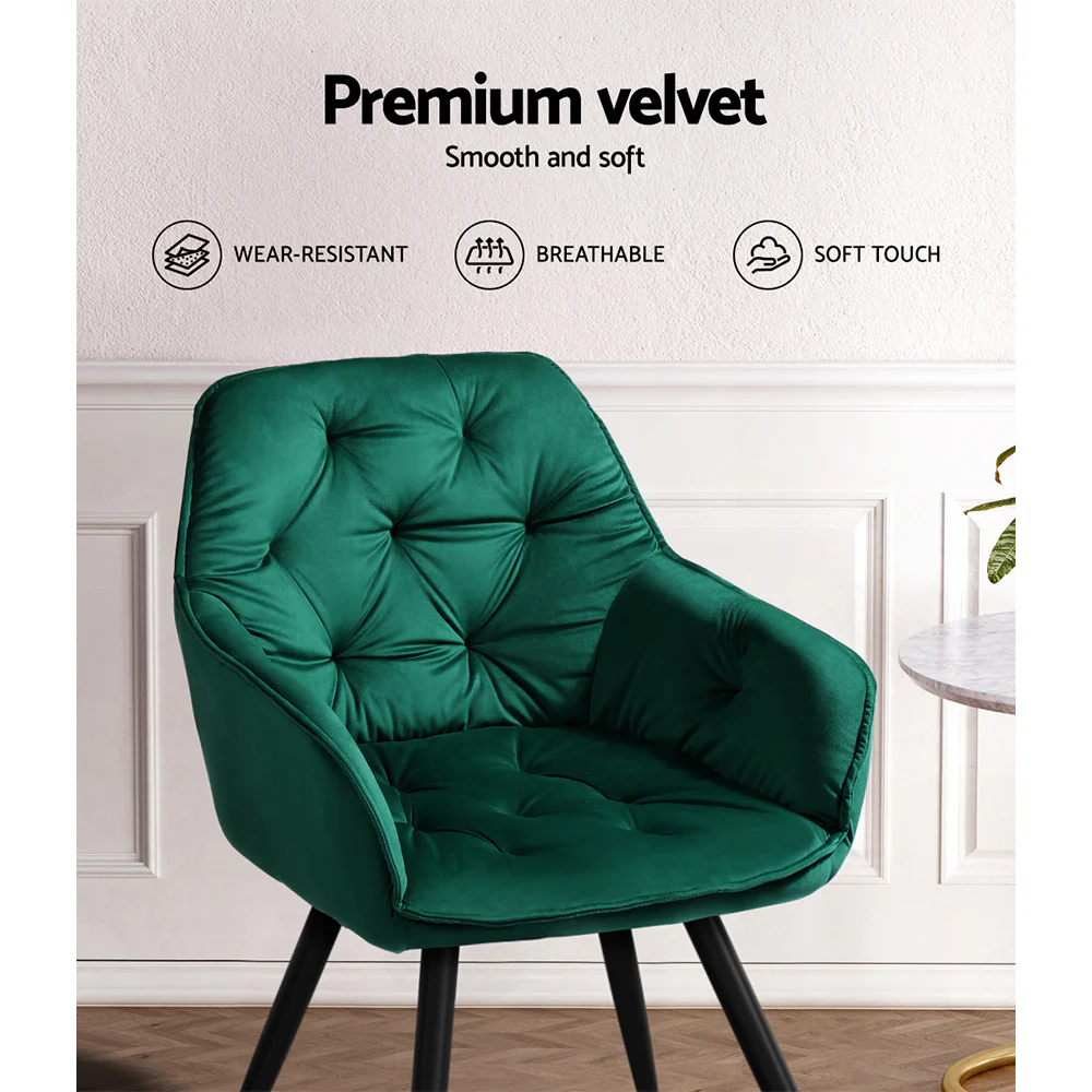 Set of 2 Calivia Dining Chairs Kitchen Chairs Upholstered Velvet Green - Image 6