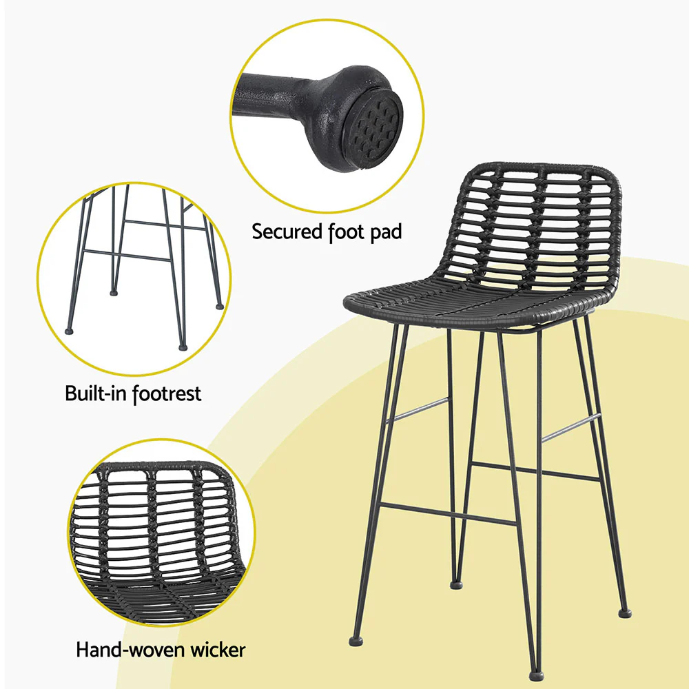 Set of 2 Coastal Outdoor Rattan Bar Stools 68cm - Black - Image 5
