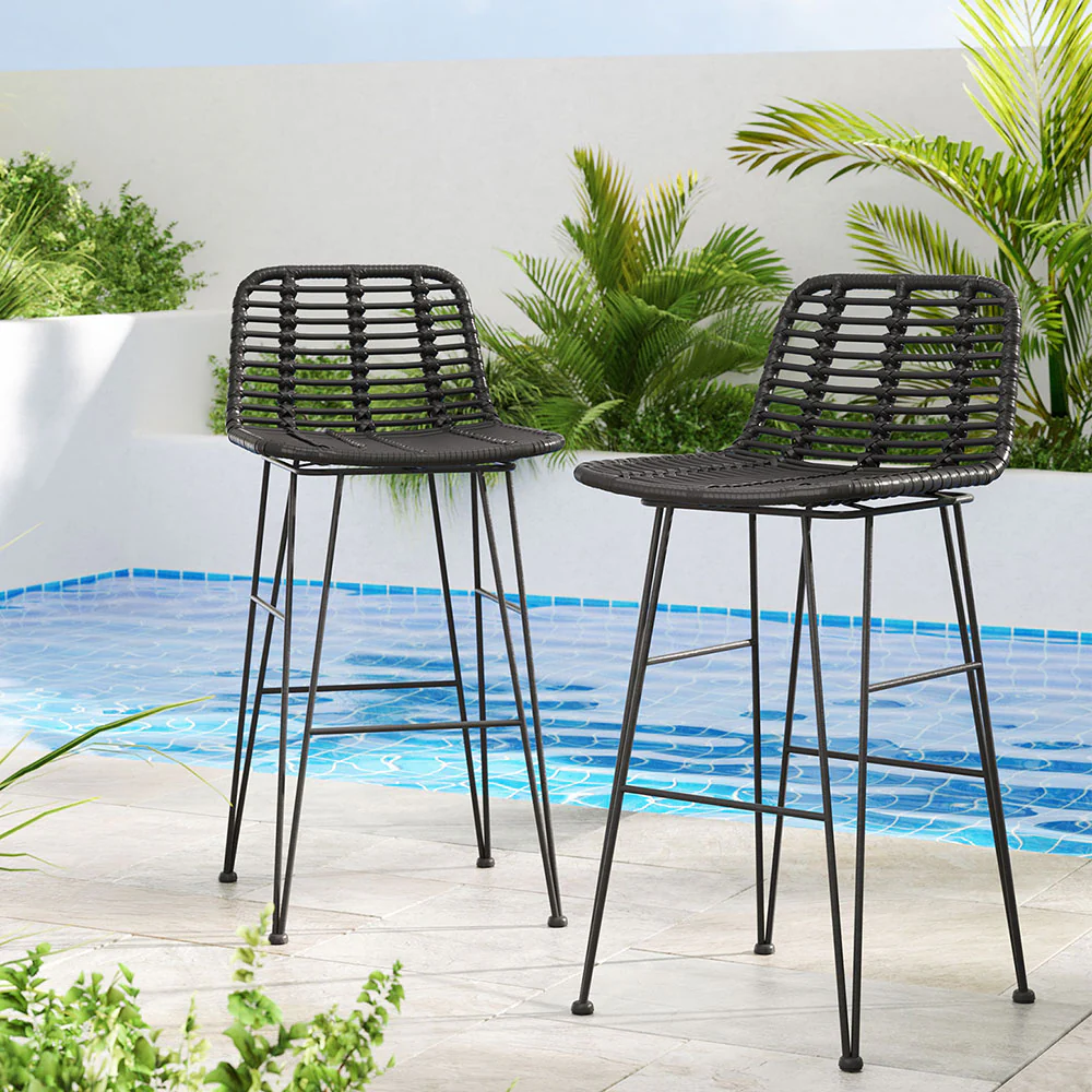 Set of 2 Coastal Outdoor Rattan Bar Stools 68cm - Black - Image 7