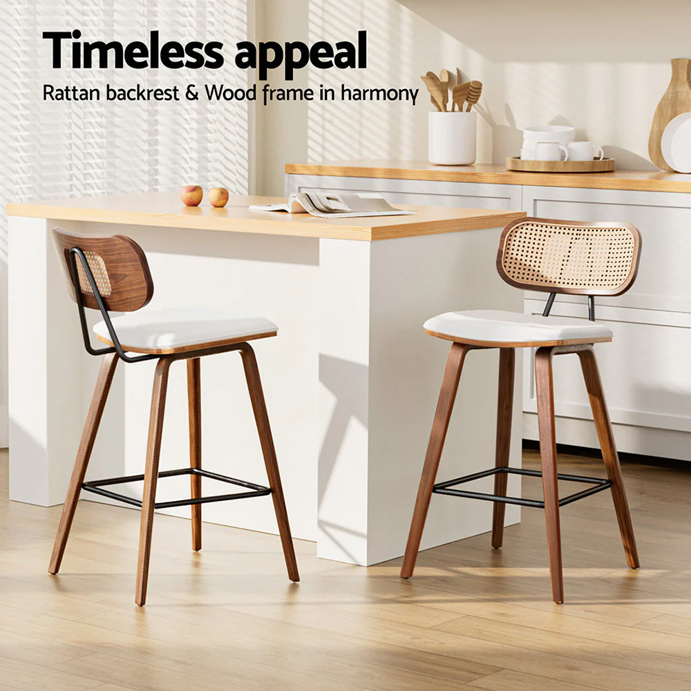Set of 2 Coralie Rattan Back Bar Stools – Beige & Walnut - Image 6