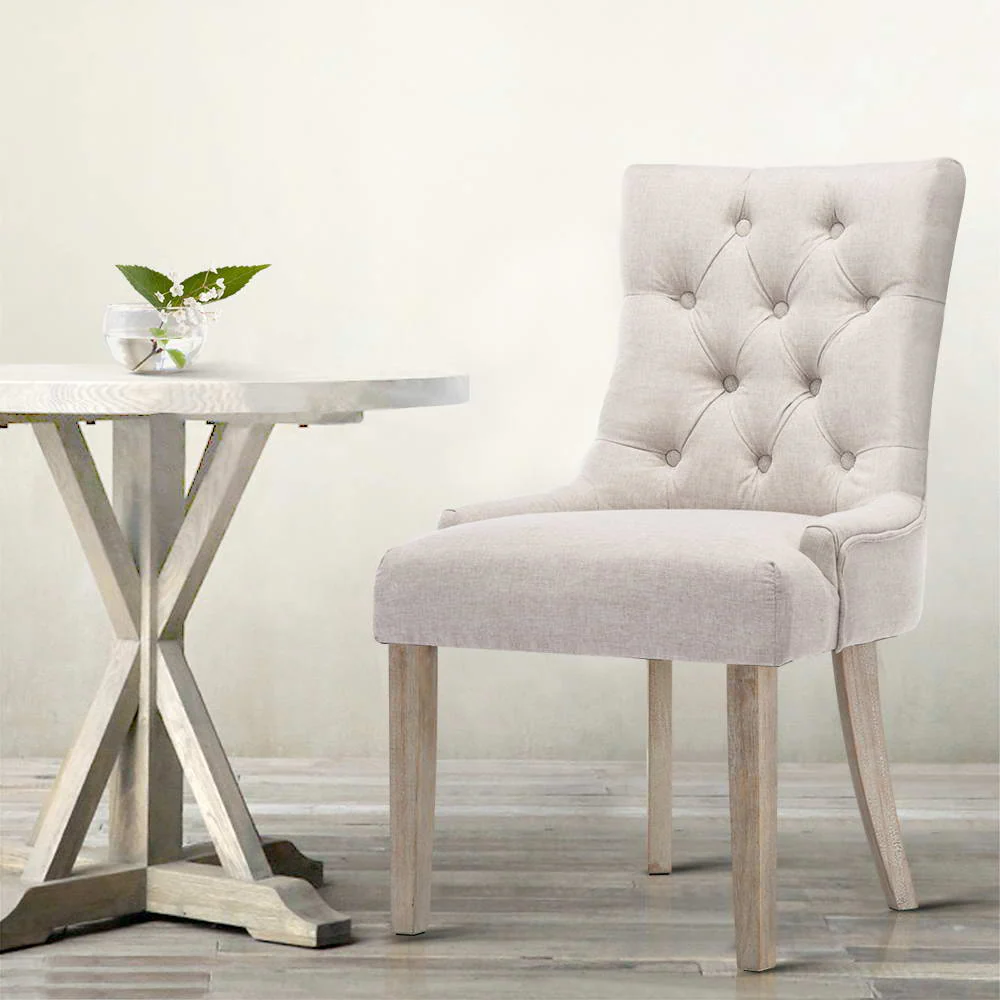 Set of 2 Dining Chair Beige CAYES French Provincial Chairs Wooden Fabric Retro Cafe - Image 7