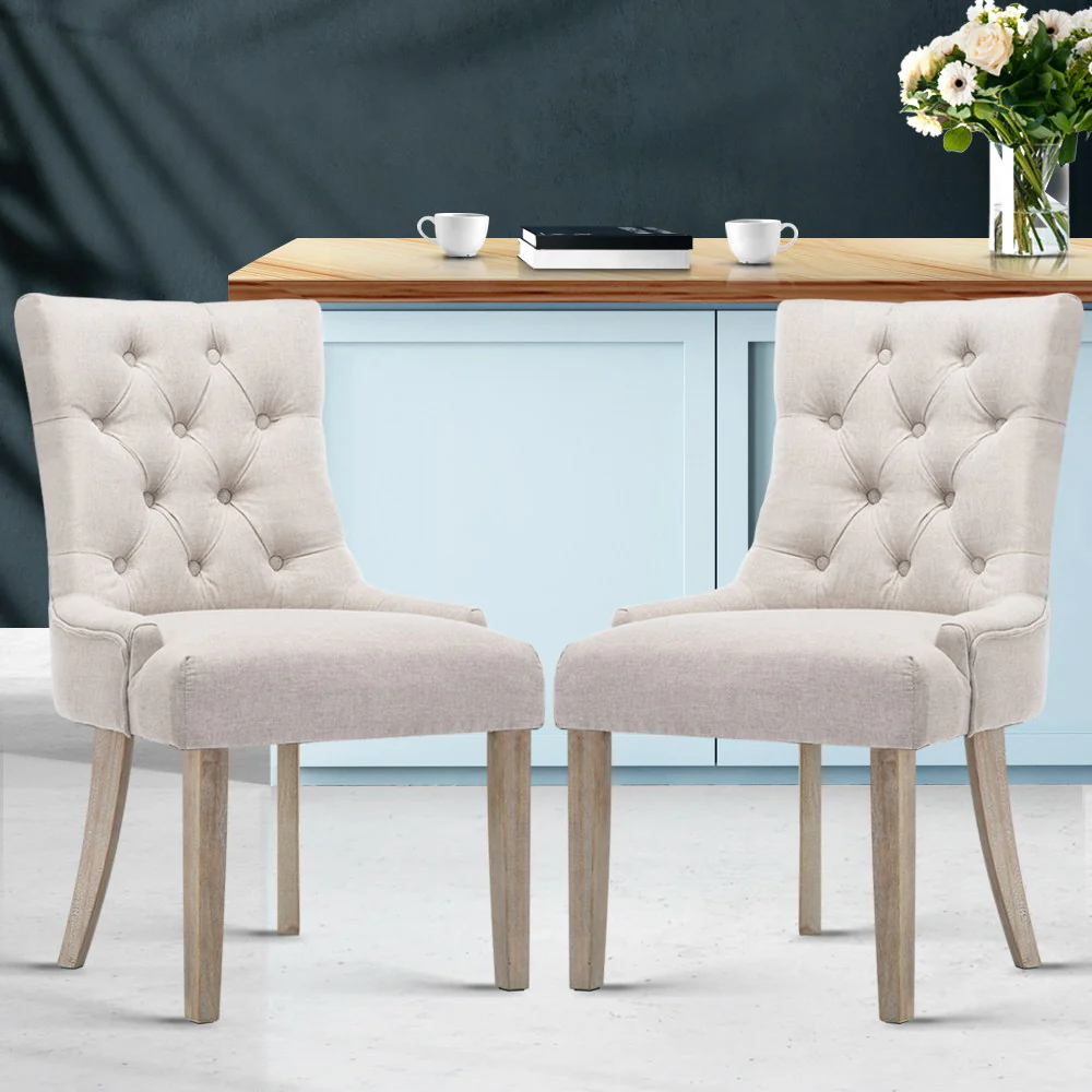 Set of 2 Dining Chair Beige CAYES French Provincial Chairs Wooden Fabric Retro Cafe - Image 8