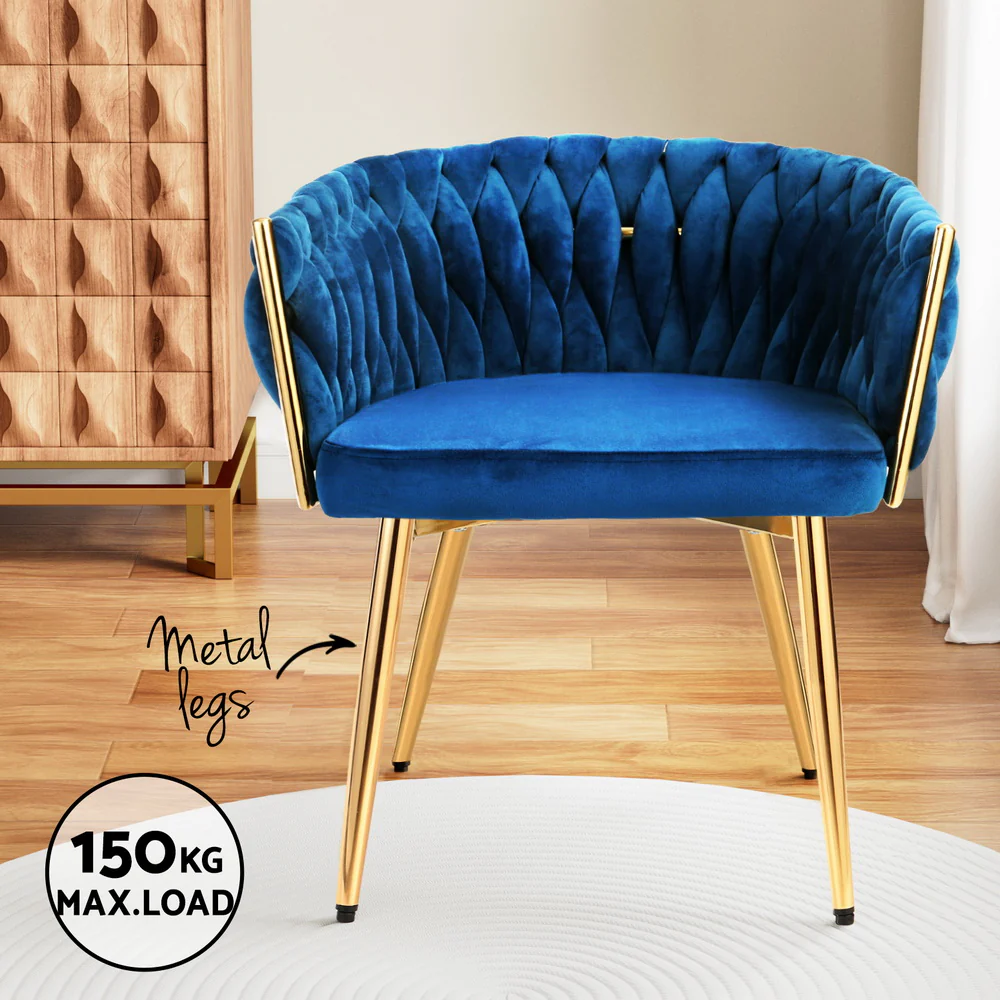 Set of 2 Dining Chairs Velvet Weaving Armchair Blue - Image 5