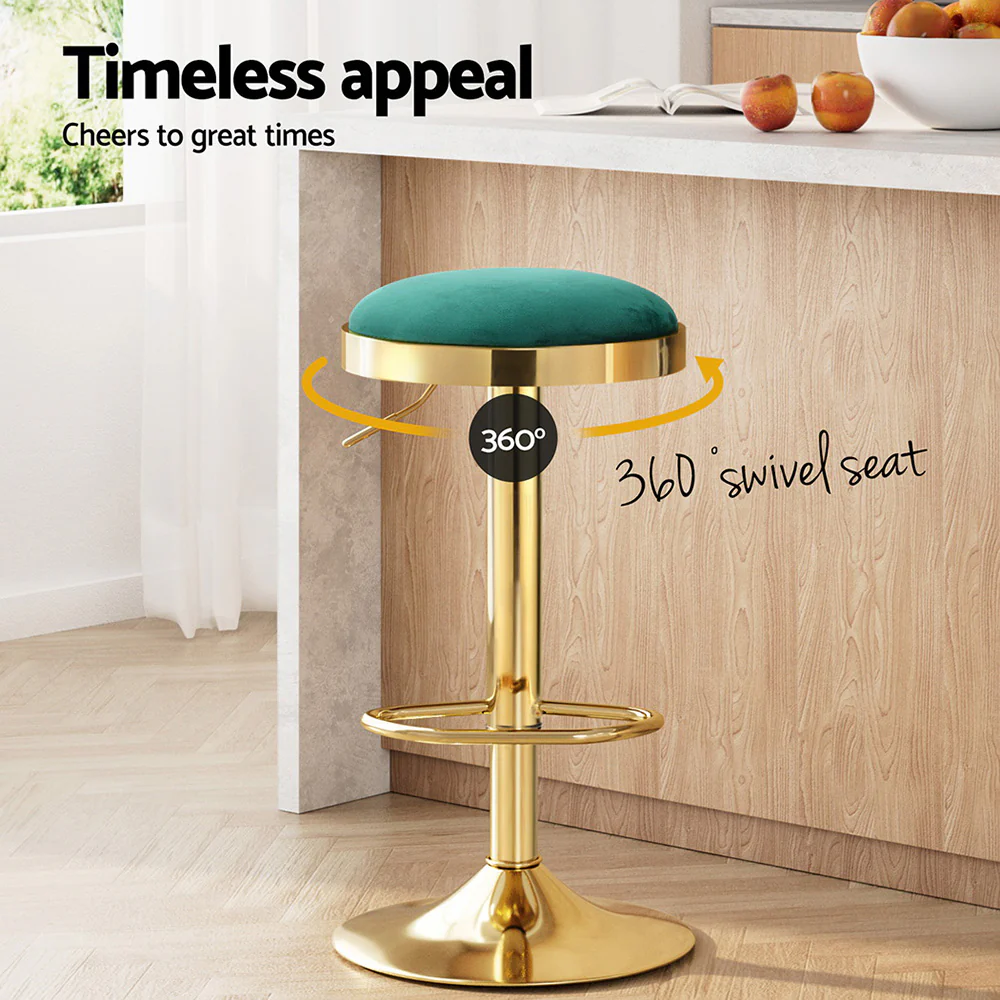 Set of 2 Eden Velvet Bar Stools – Green & Gold - Image 4