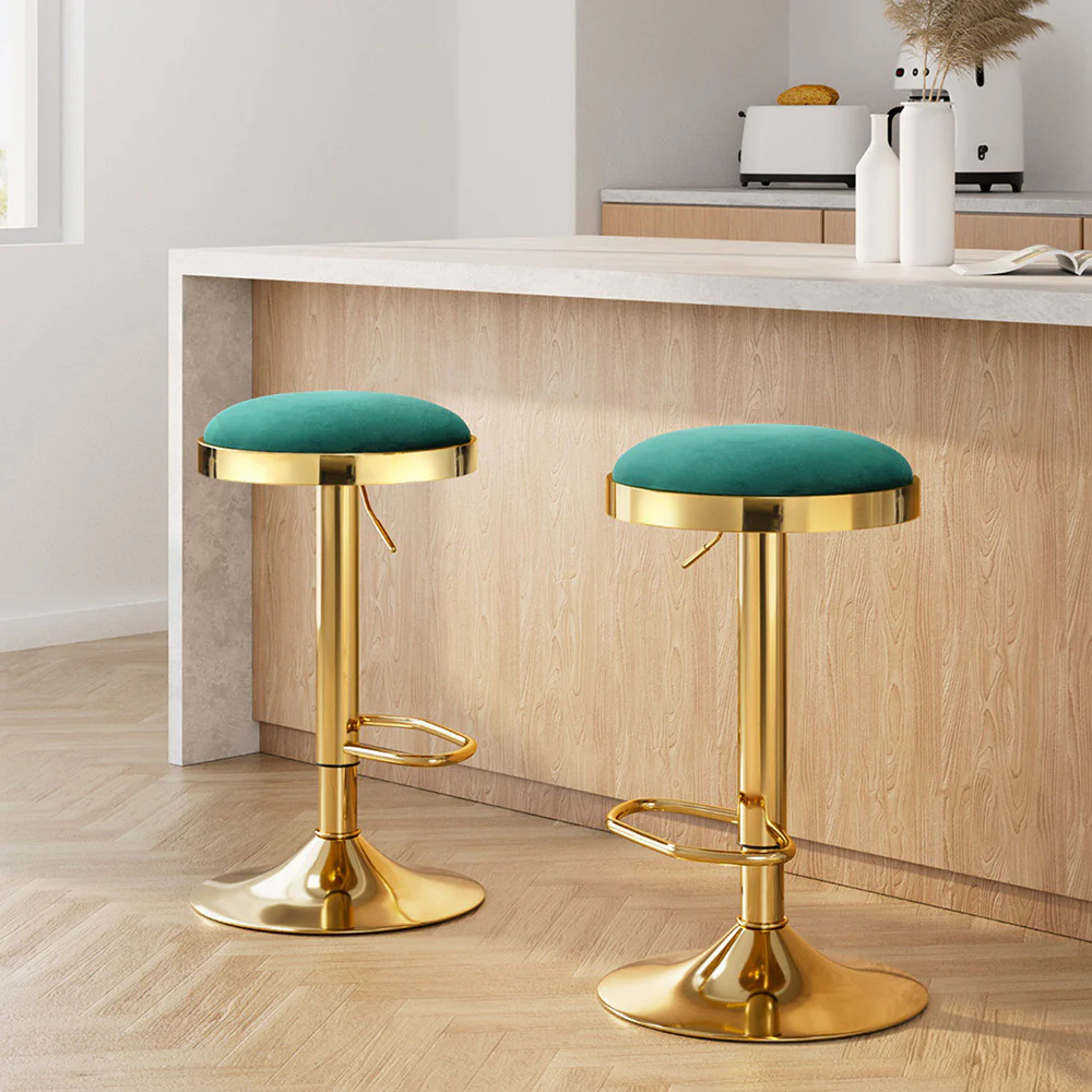 Set of 2 Eden Velvet Bar Stools – Green & Gold - Image 7