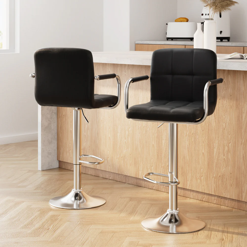 Set of 2 Elara Swivel Leather Bar Stools – Black