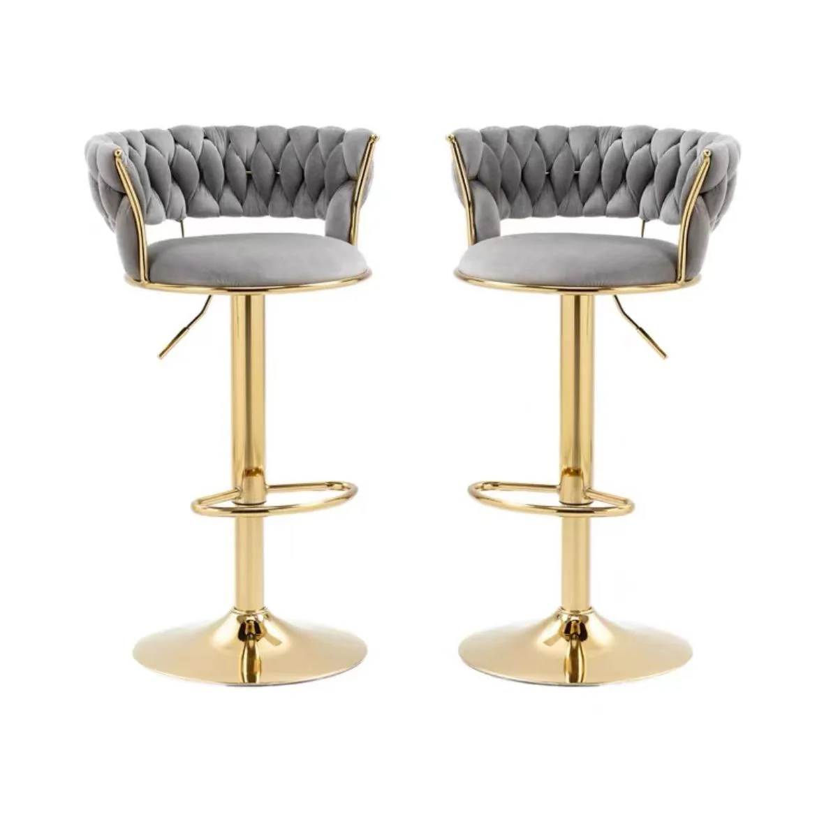 Set of 2 Fairlie Velvet Bar Stools – Grey & Gold