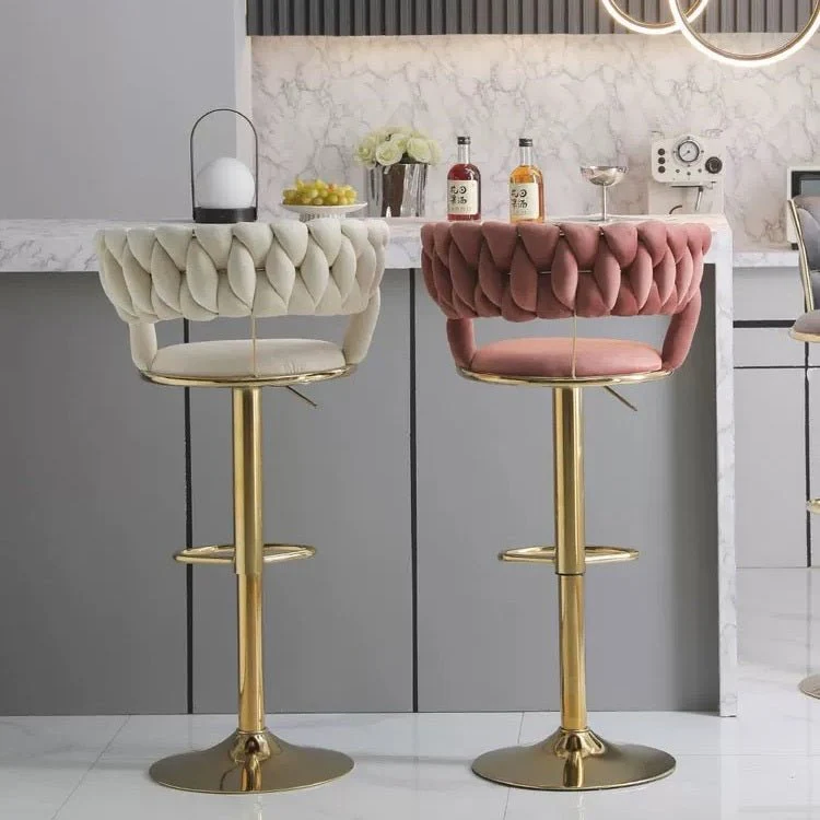 Set of 2 Fairlie Velvet Bar Stools – Ivory & Gold - Image 2
