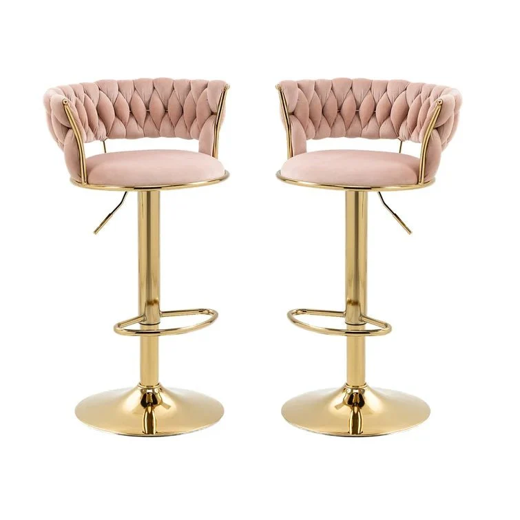 Set of 2 Fairlie Velvet Bar Stools – Pink & Gold