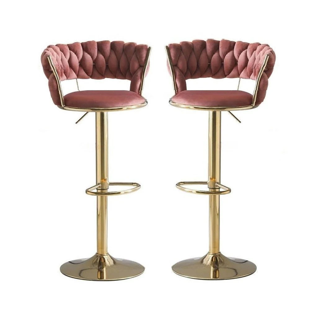 Set of 2 Fairlie Velvet Bar Stools – Red & Gold