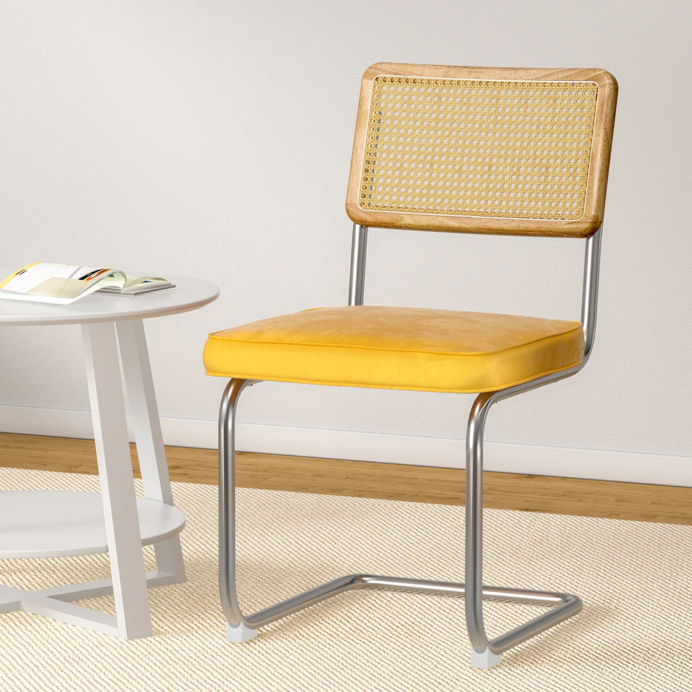 Set of 2 Felix Cantilevered Rattan Dining Chairs Yellow Velvet Seat - Image 7