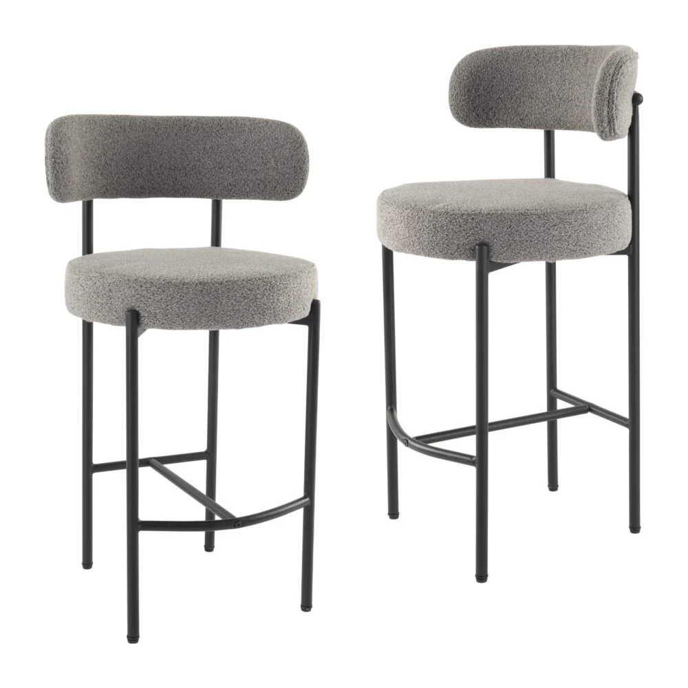 Set of 2 Lennox Contemporary Bouclé Bar Stools - Grey - Image 3