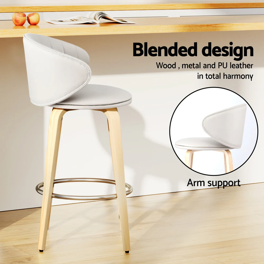 Set of 2 Luella Bar Stools – Beige Leather & Wood Finish (65cm Seat Height) - Image 5
