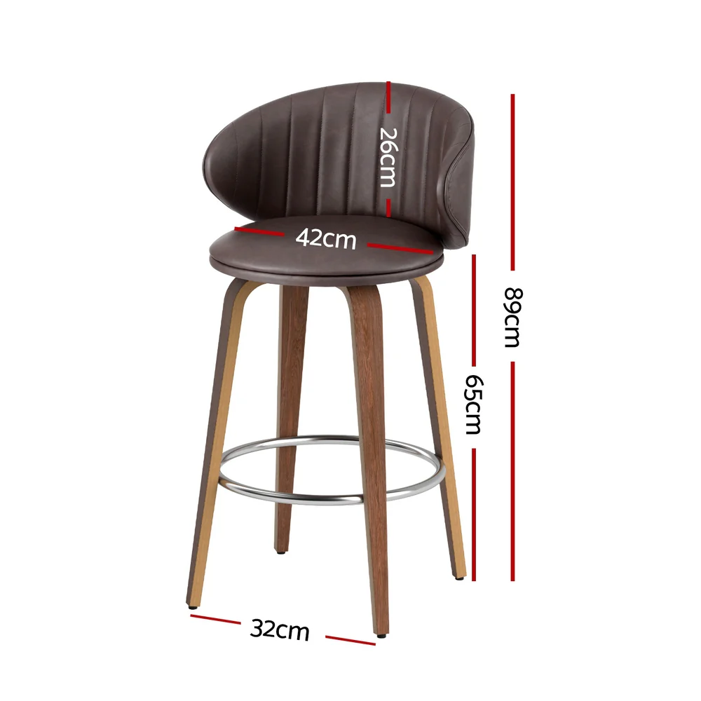 Set of 2 Luella Bar Stools – Brown PU Leather & Walnut Wood Finish (65cm Seat Height) - Image 2