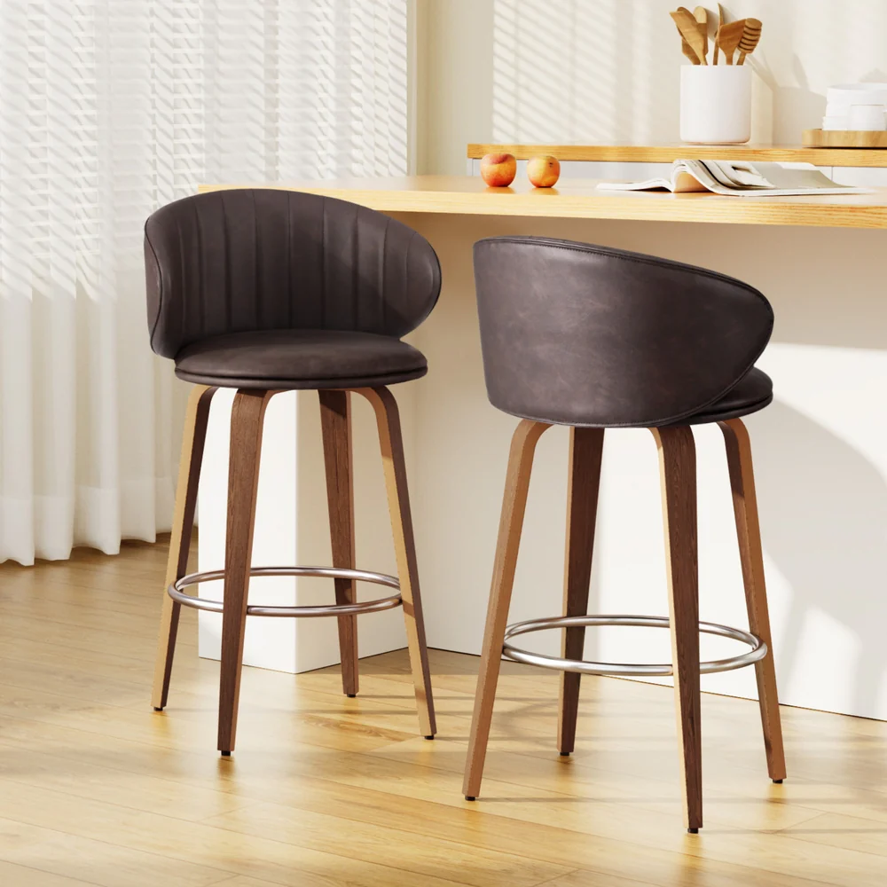 Set of 2 Luella Bar Stools – Brown PU Leather & Walnut Wood Finish (65cm Seat Height) - Image 7
