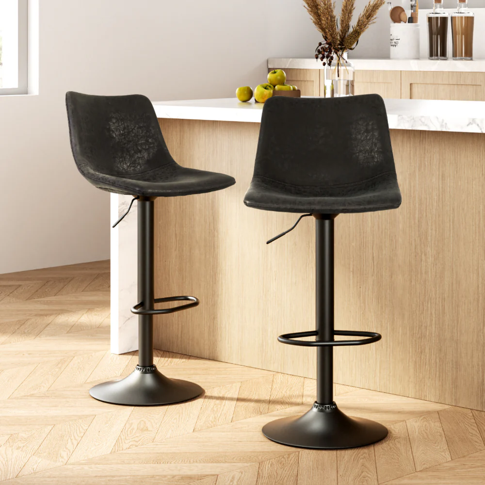 Set of 2 Marek Vintage PU Leather Swivel Bar Stools – Black