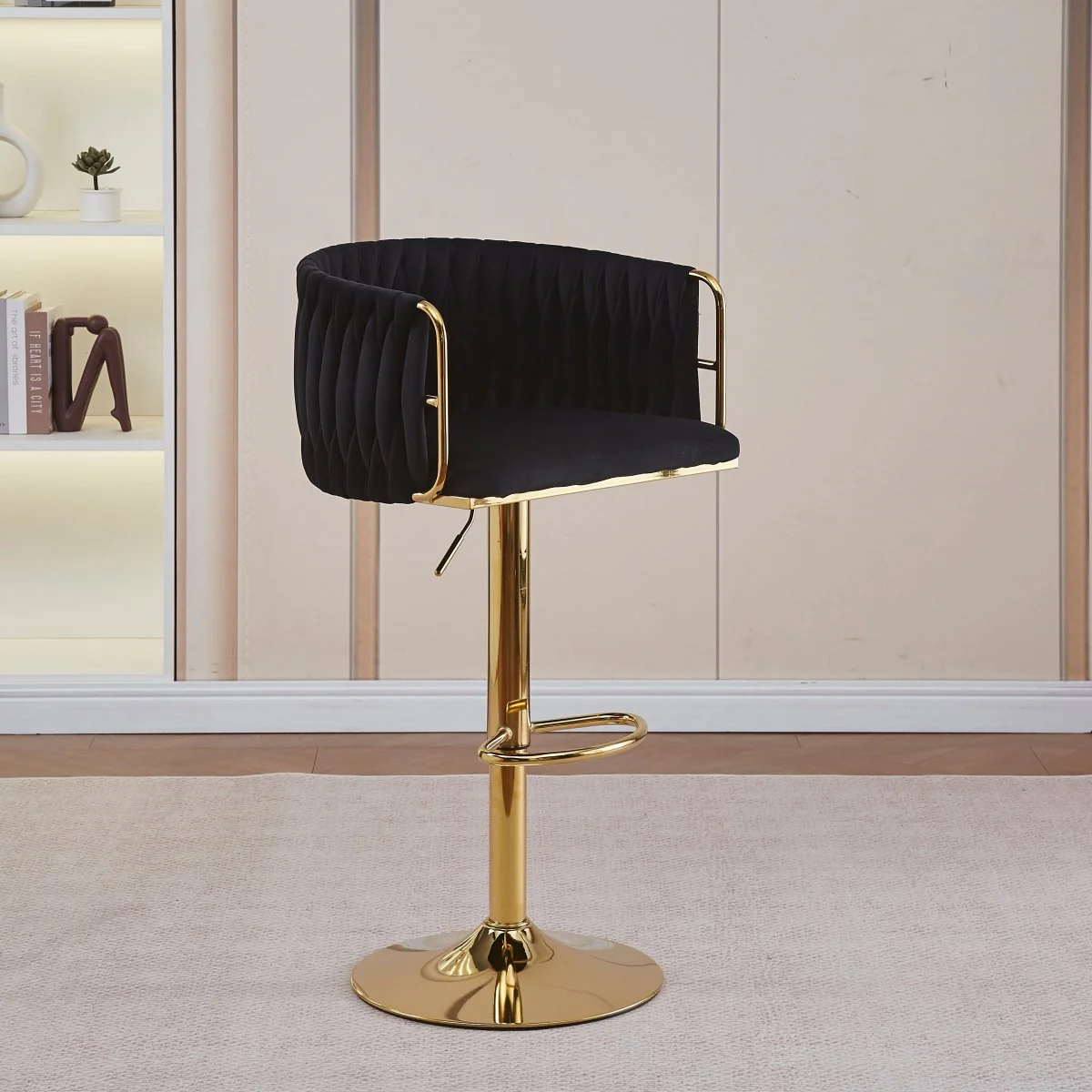 Set of 2 Marlowe Velvet Bar Stools - Black with Gold Base - Image 2