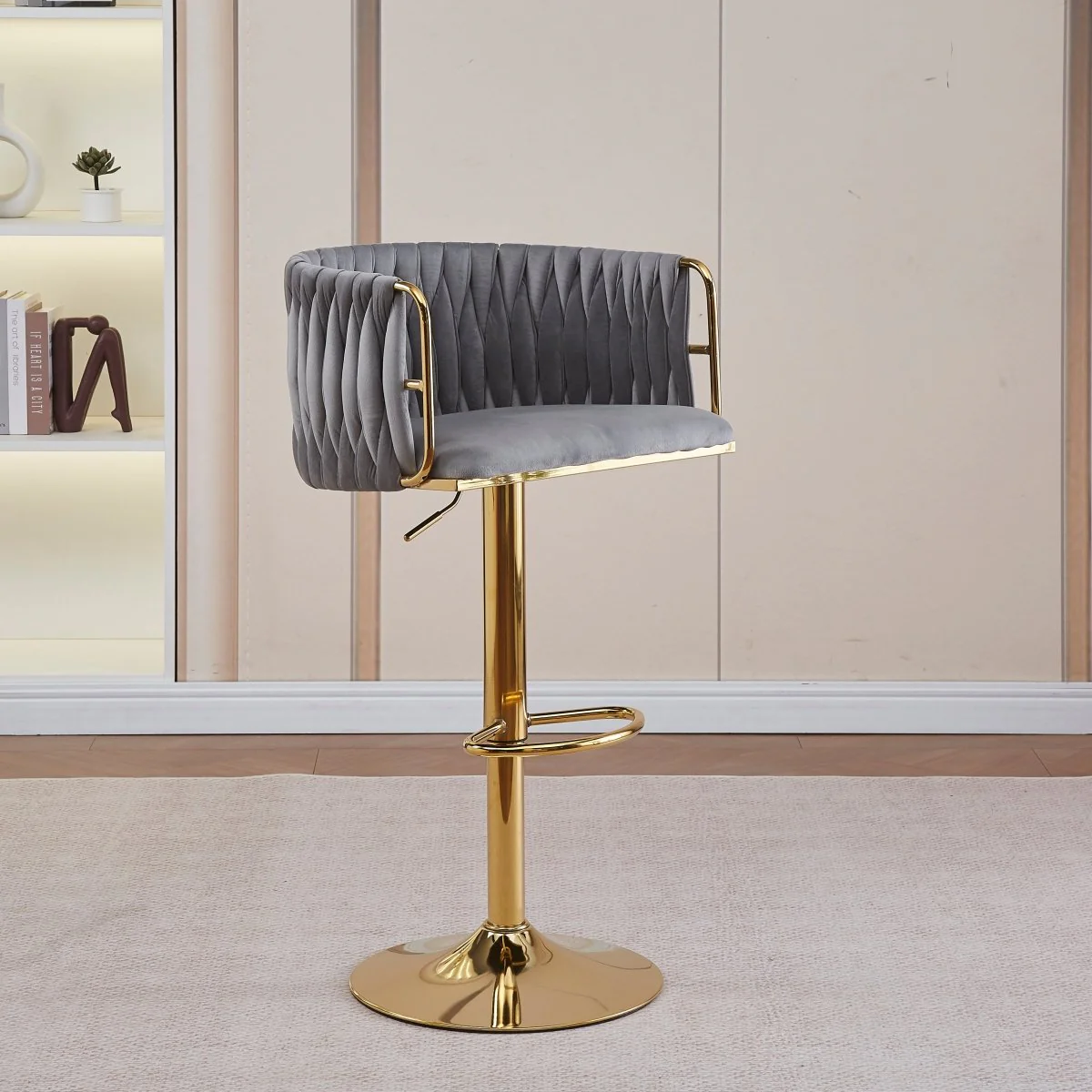 Set of 2 Marlowe Velvet Bar Stools - Grey with Gold Base - Image 2