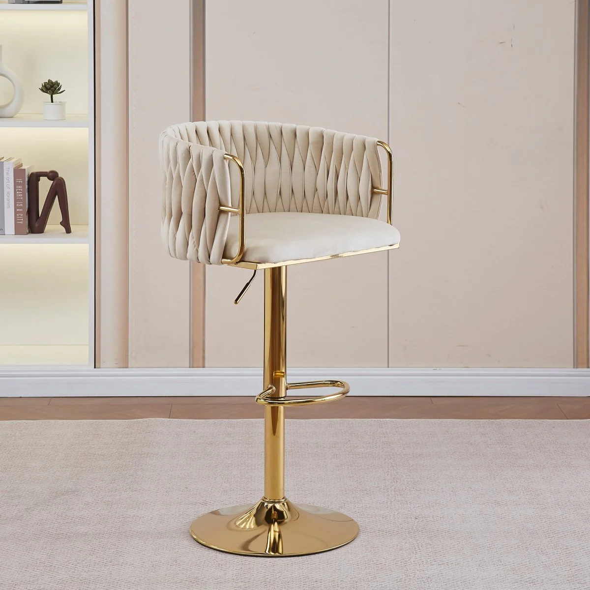 Set of 2 Marlowe Velvet Bar Stools - Ivory with Gold Base - Image 2