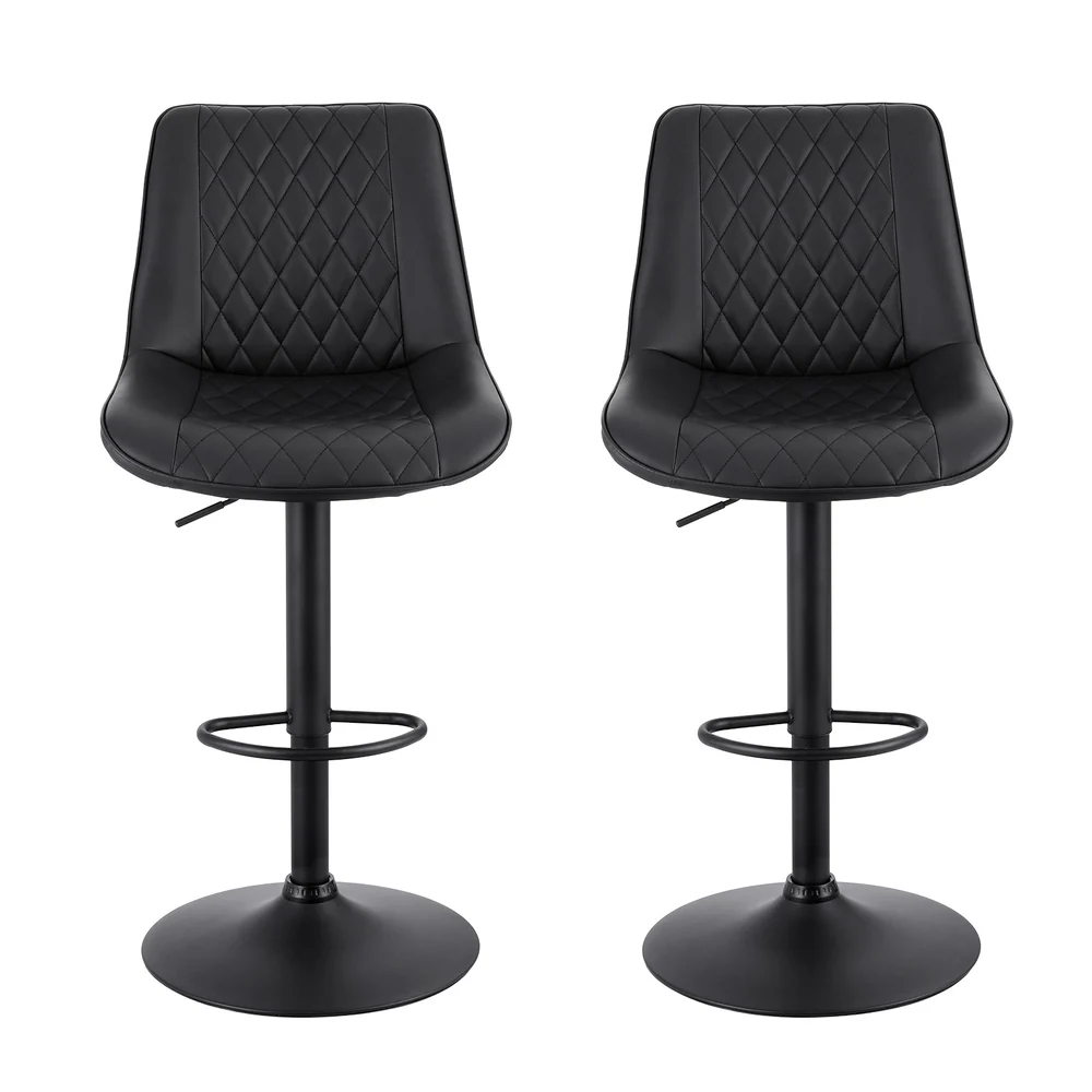 Set of 2 Quinn Adjustable Diamond Leather Bar Stools – Black - Image 3