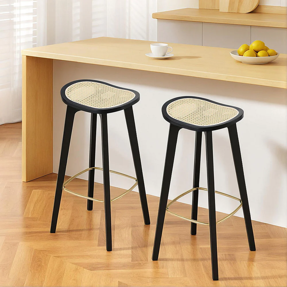 Set of 2 Rattan Seat Bamboo Bar Stools - Black - Image 7