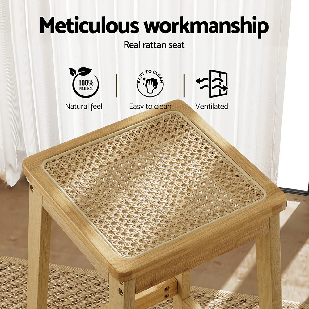 Set of 2 Rattan Seat Rubber Wood Bar Stools - Image 4