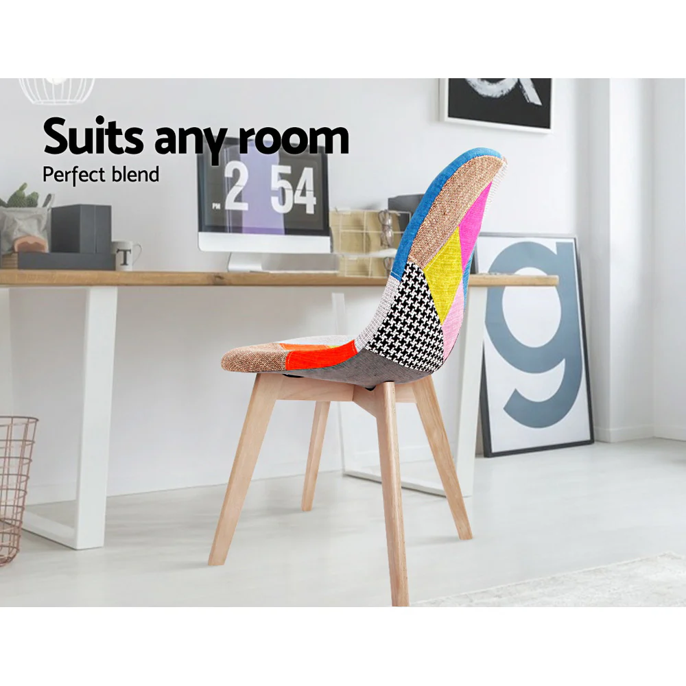 Set of 2 Retro Beech Fabric Dining Chair - Multi Colour - Image 5