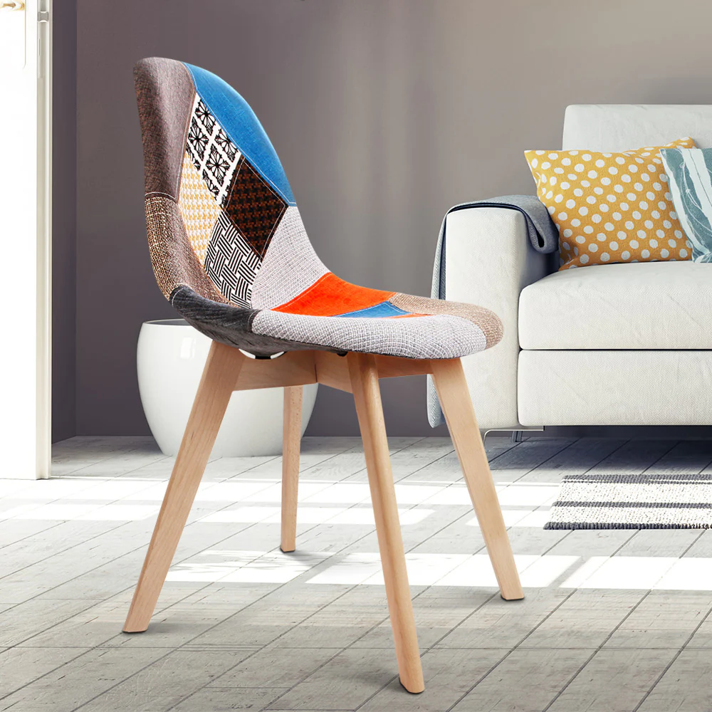 Set of 2 Retro Beech Fabric Dining Chair - Multi Colour - Image 7