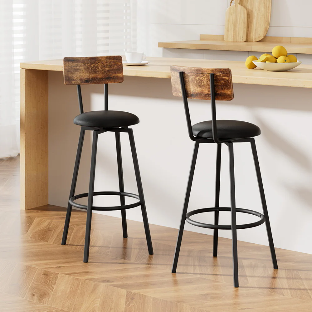 Set of 2 Ronan Industrial Leather Bar Stools - Black - Image 7