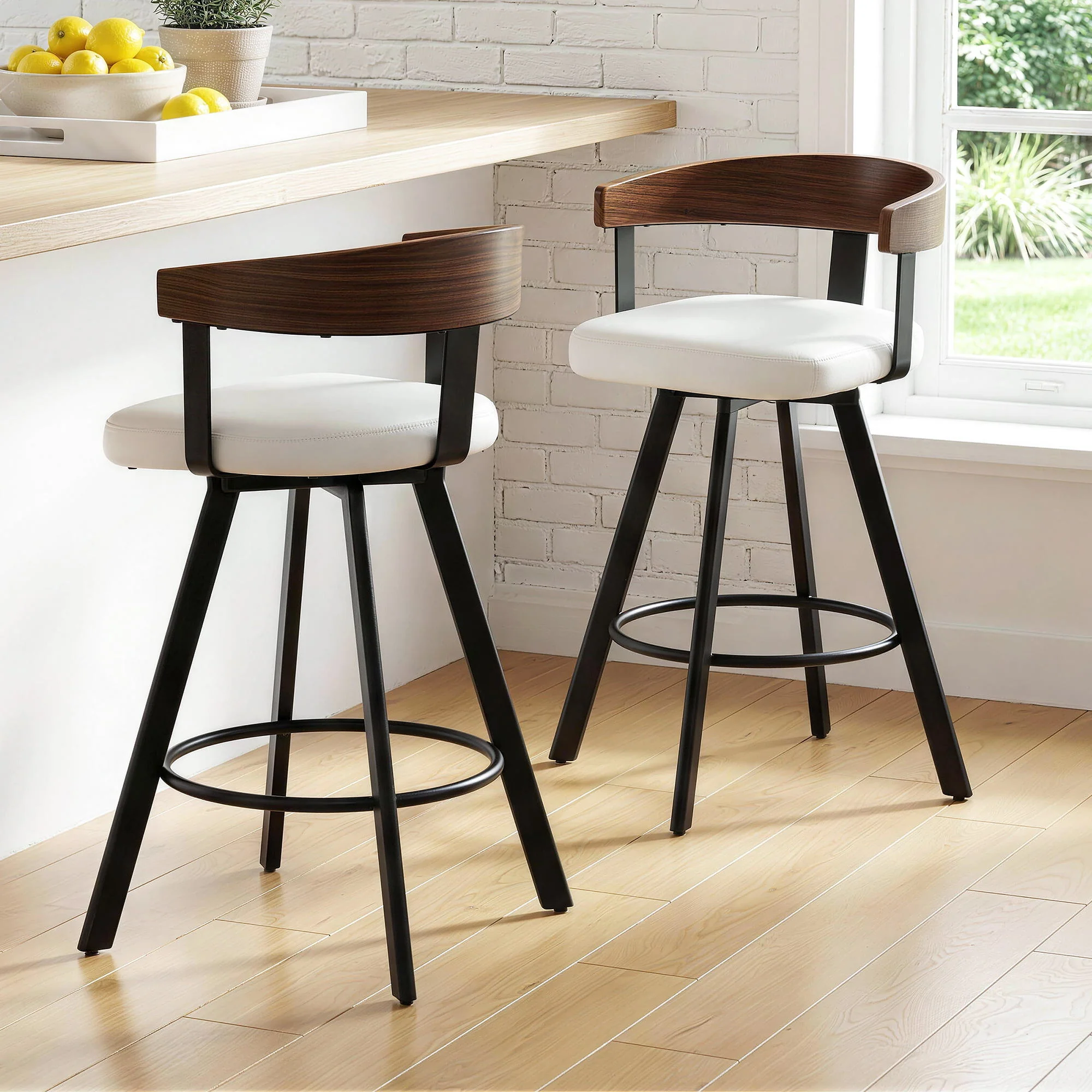 Set of 2 Swivel Bar Stools with Metal Legs and Bentwood Backrest - White - Image 10