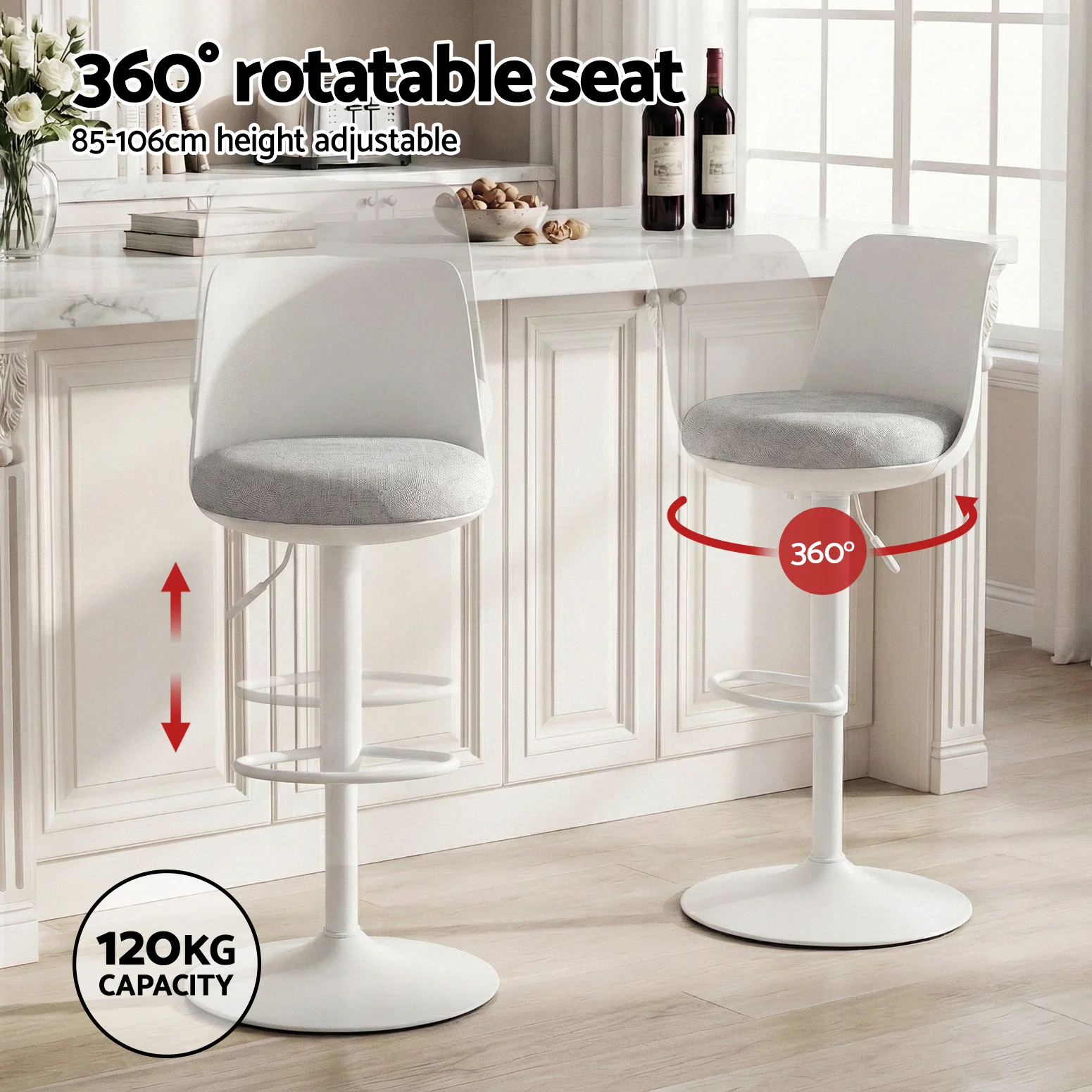 Set of 2 Swivel Gas Lift Bar Stools with Curved Back - White - Image 4