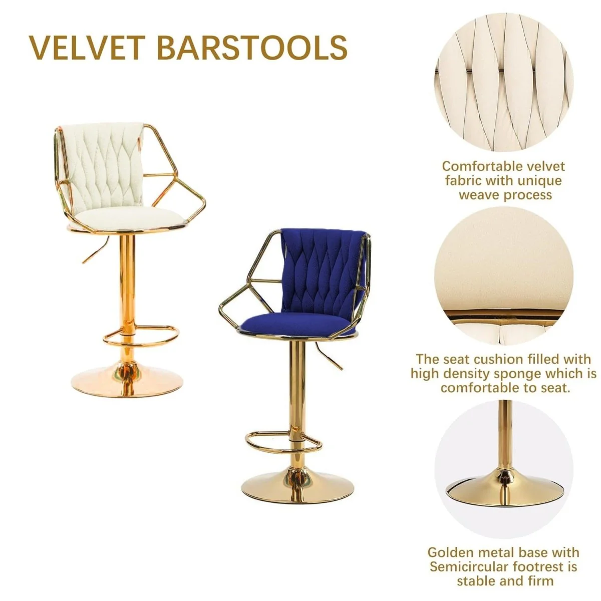 Set of 2 Winton Velvet Bar Stools - Black with Gold Base - Image 4