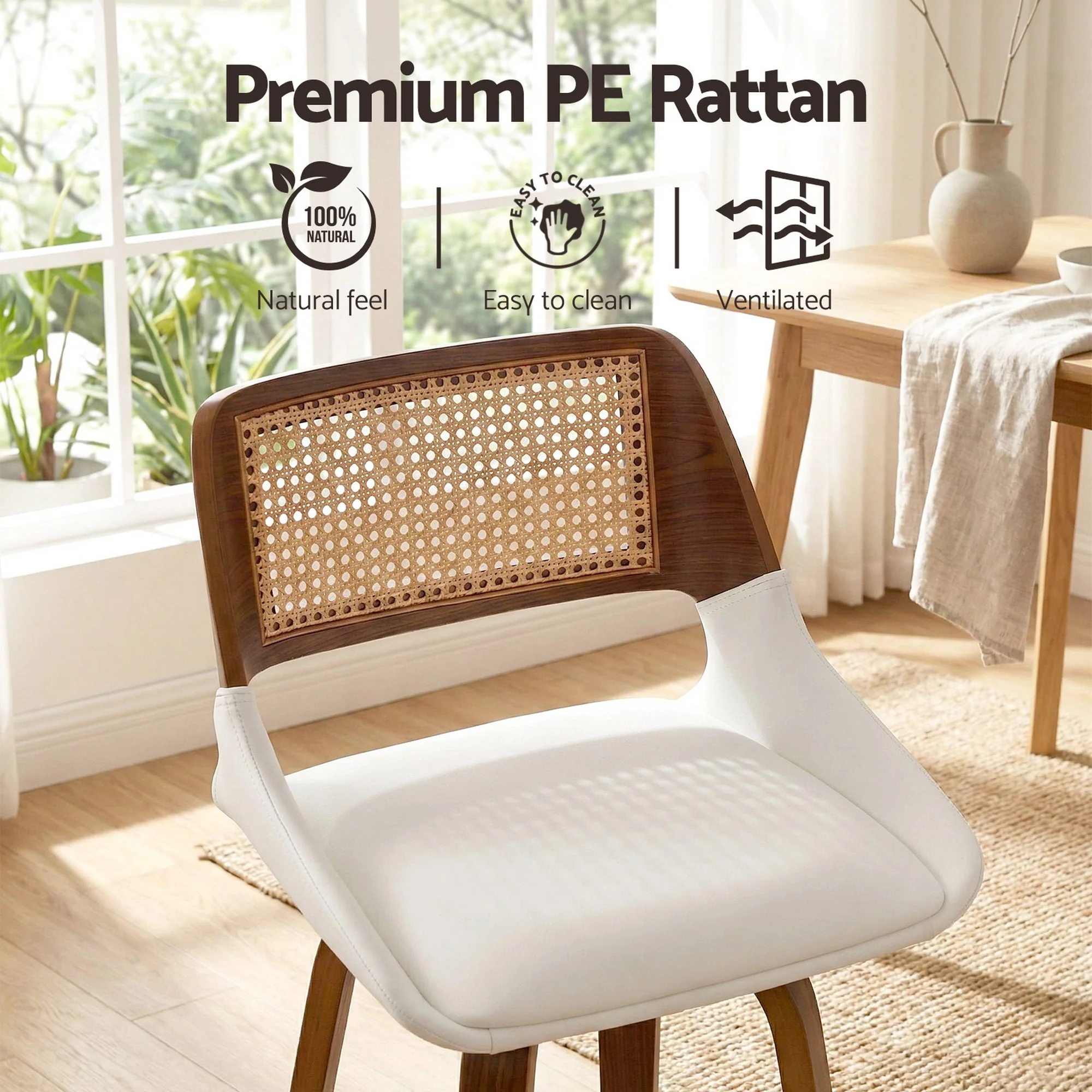Set of 2 Wooden Swivel Bar Stools 60cm Seat Height - White & Rattan - Image 6