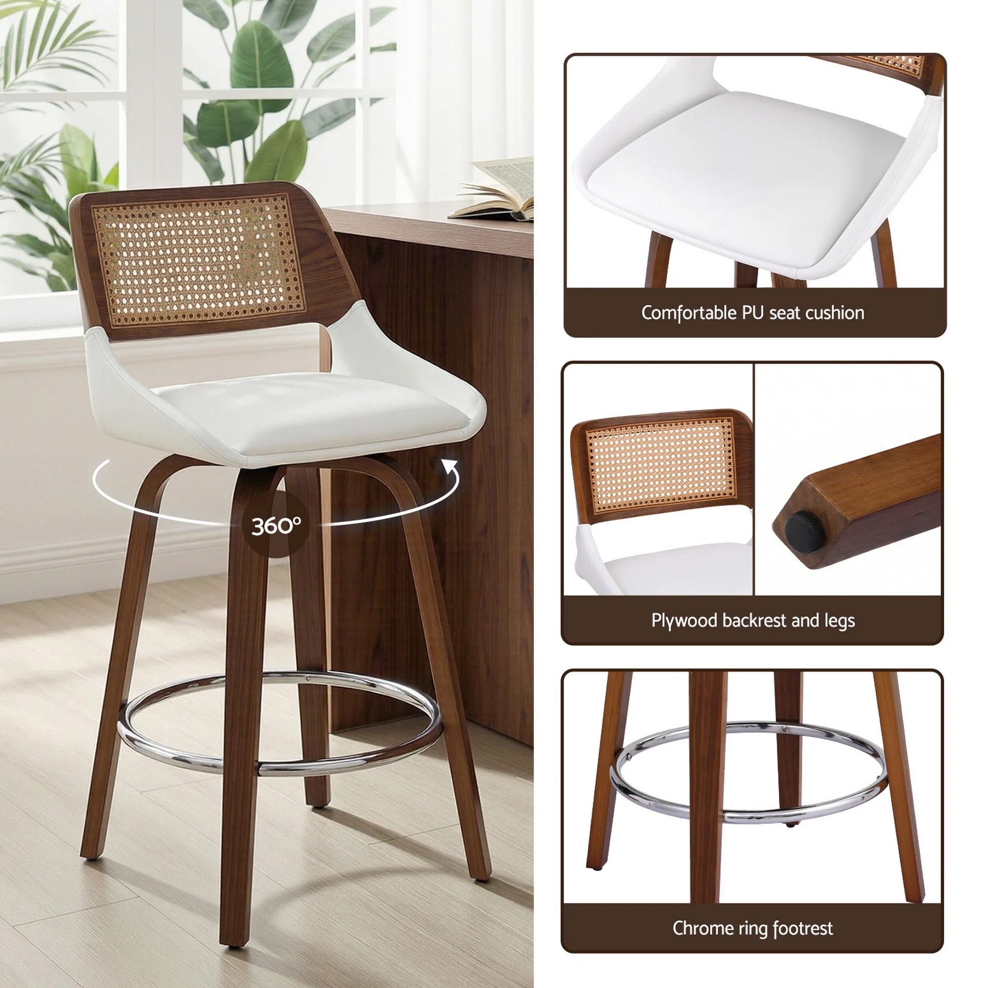 Set of 2 Wooden Swivel Bar Stools 60cm Seat Height - White & Rattan - Image 8