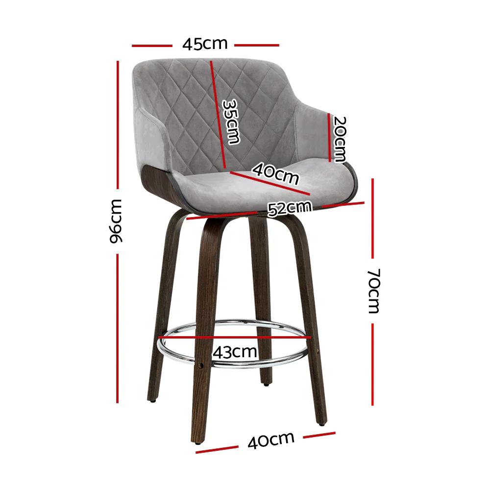 Set of 3 Evonne Wooden Swivel Bar Stools Grey Velvet - Image 2