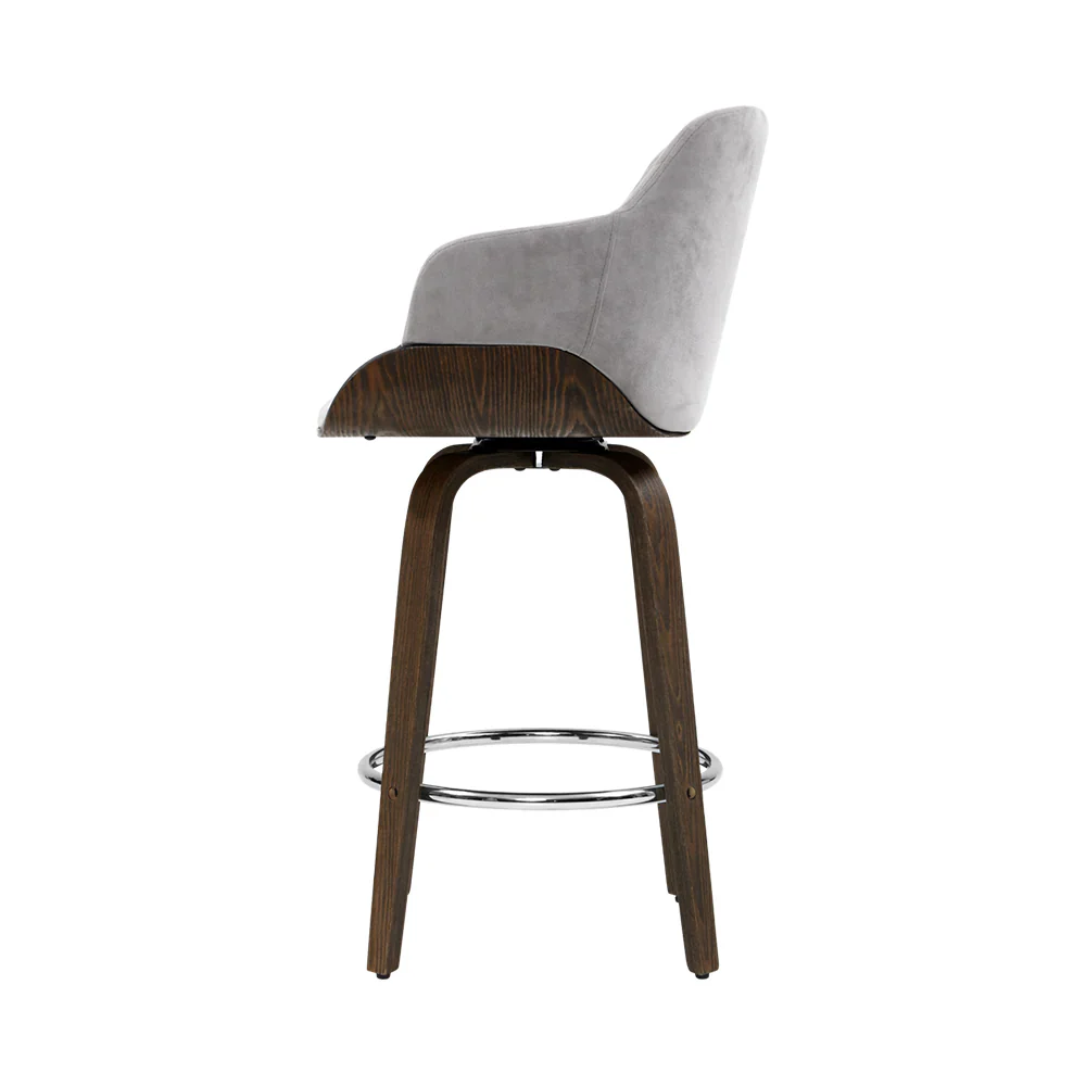Set of 3 Evonne Wooden Swivel Bar Stools Grey Velvet - Image 4