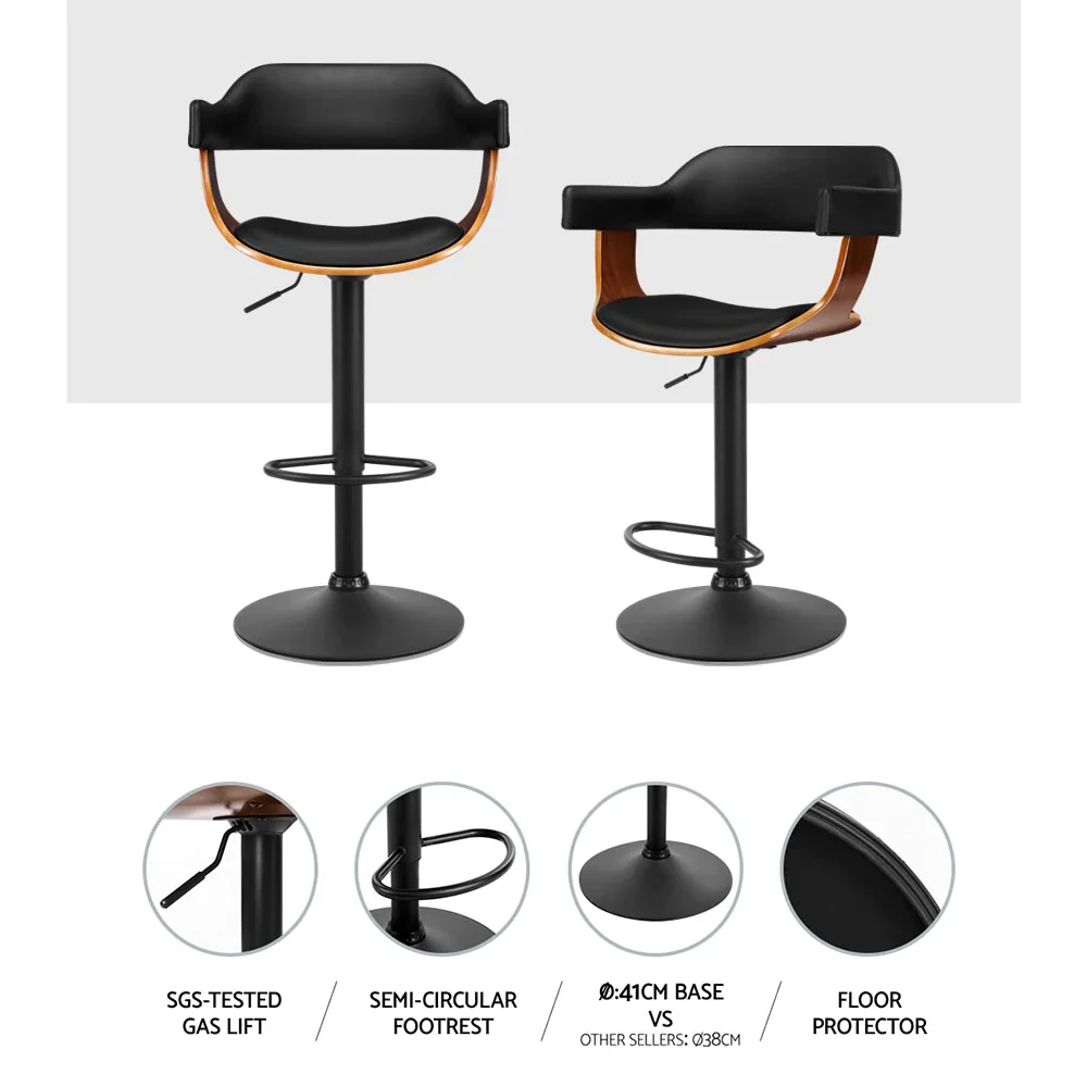 Set of 3 Flynn Wooden Gas Lift Bar Stools With Armrest - Black - Image 3