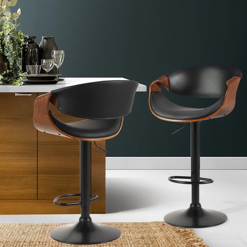 Set of 3 Landon Wood and Leather Gas Lift Bar Stools Black - Image 8