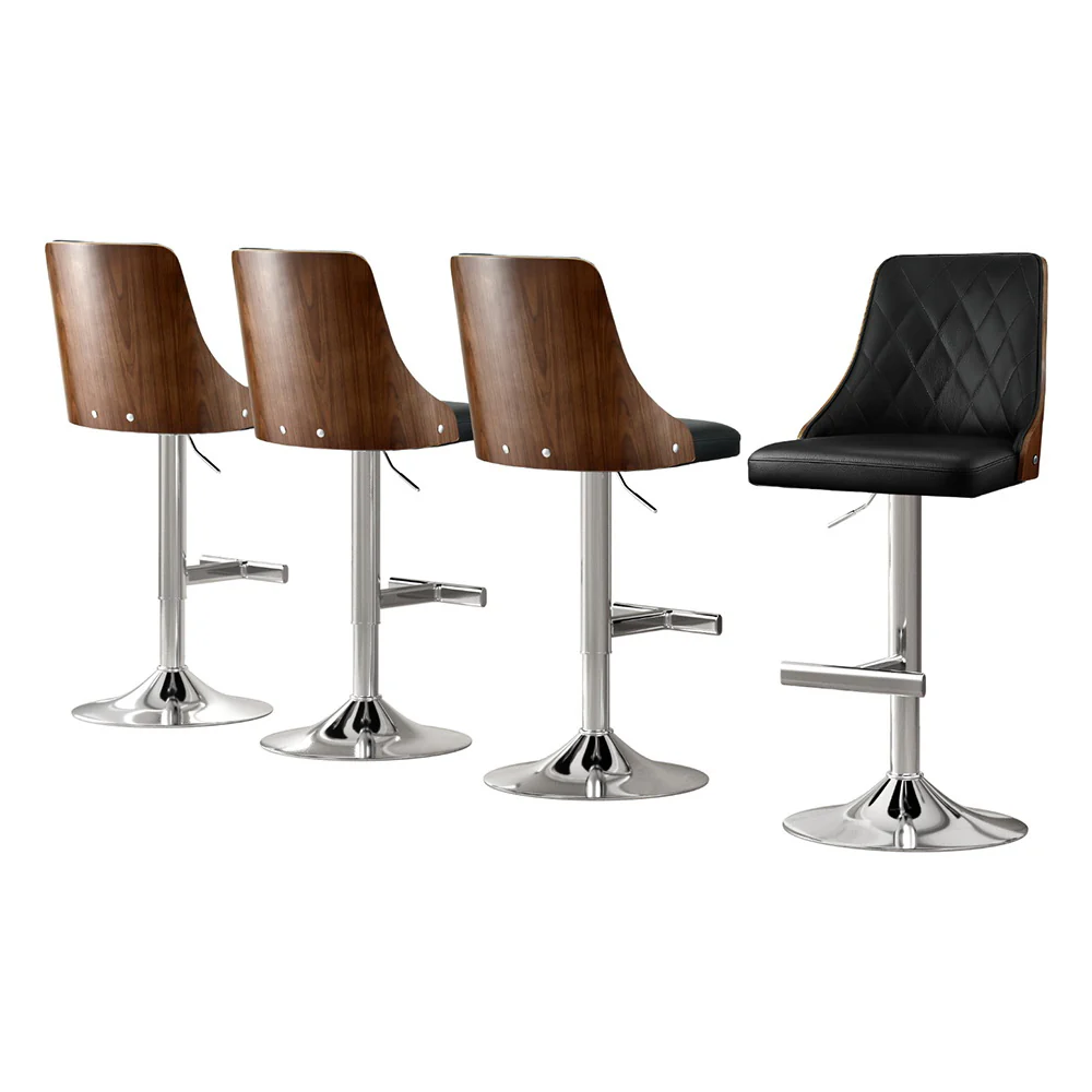 Set of 4 Auren Adjustable Bentwood Leather Bar Stools - Black