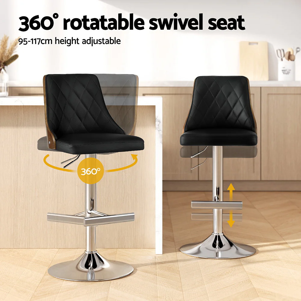 Set of 4 Auren Adjustable Bentwood Leather Bar Stools - Black - Image 4