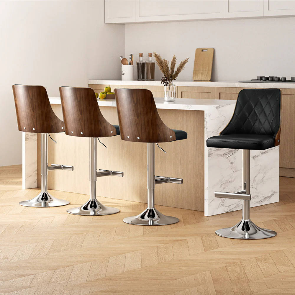 Set of 4 Auren Adjustable Bentwood Leather Bar Stools - Black - Image 7